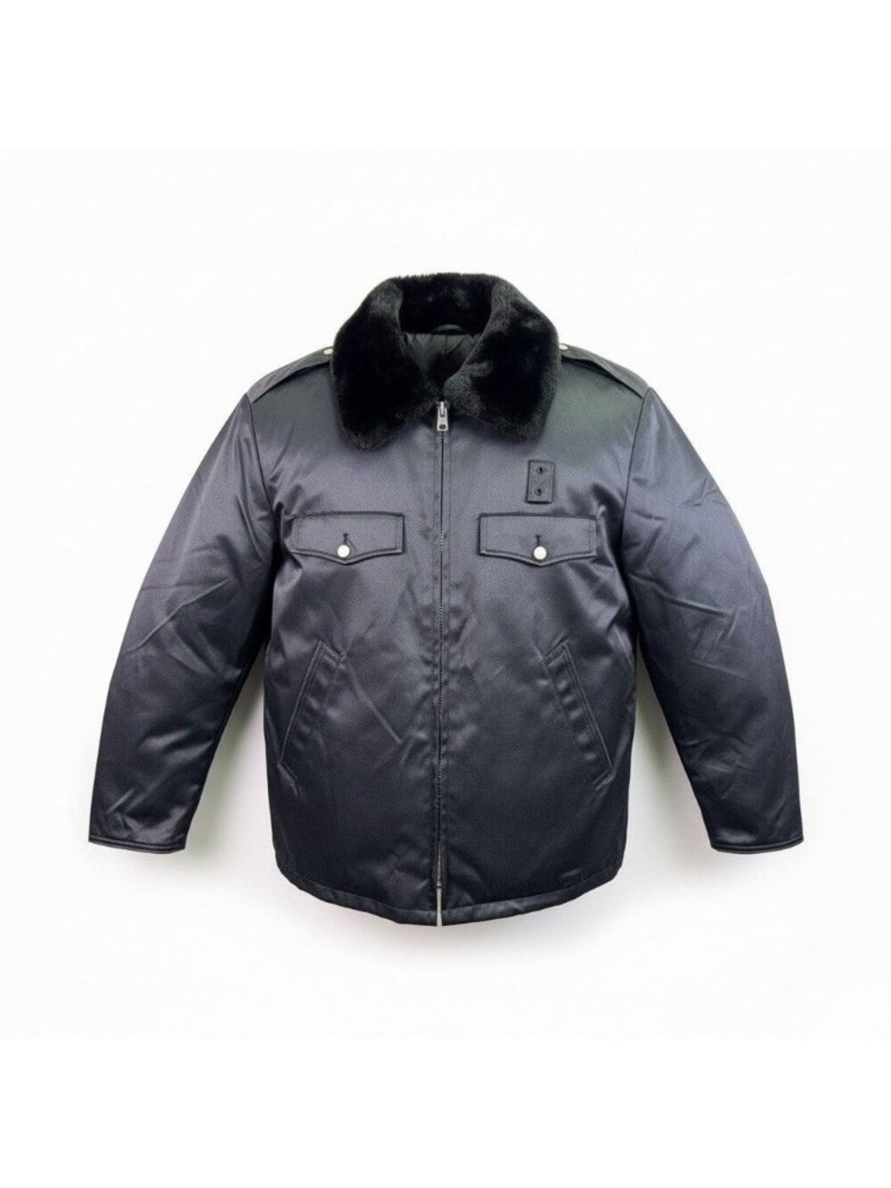 Vintage Mens Black Jacket W/ Faux Fur Collar Front Pockets & Gold Buttons Sz 42R